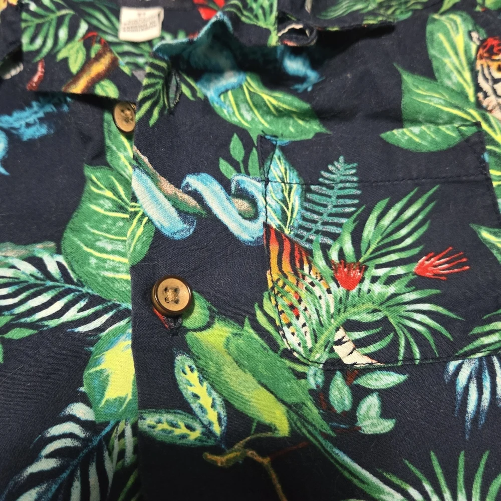 TCP toddler Hawaiian jungle animals button down shirt, tiger parrot crocodile 3T